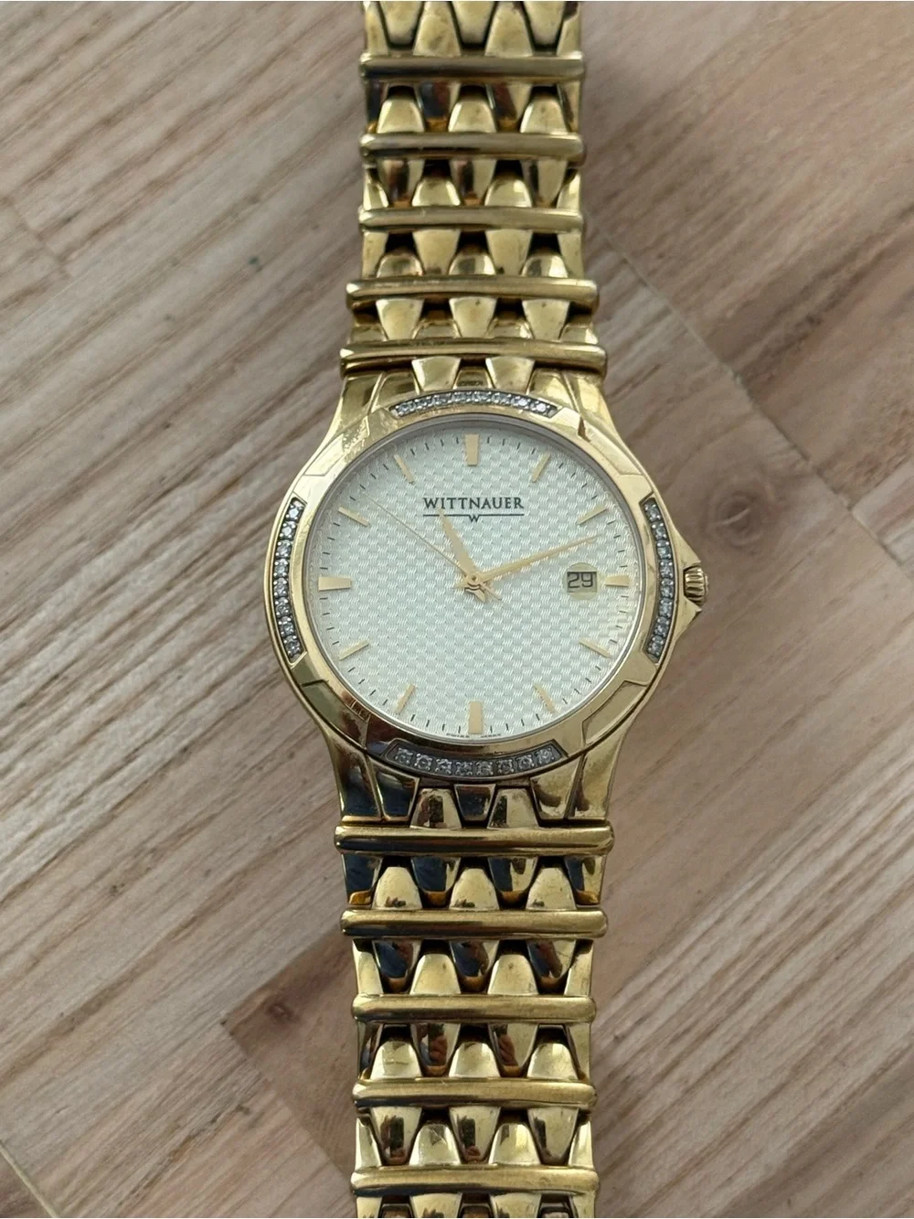 Wittnauer Rare Diamond Vintage Men’s Watch Gold Dial Bracelet Case Date Window
